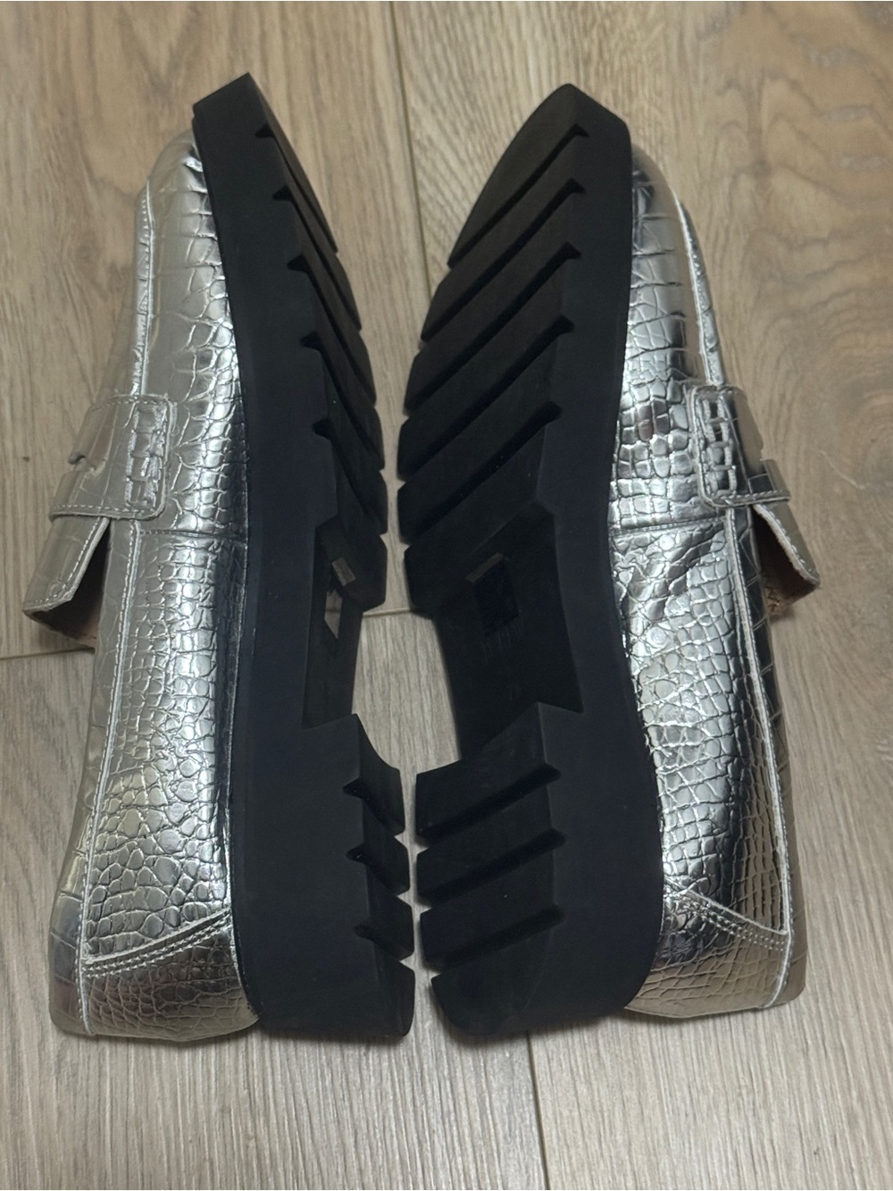 J. Crew Winona Lugsole Penny Loafers Metallic Silver Croc-Embossed Faux Leather - Picture 6 of 8